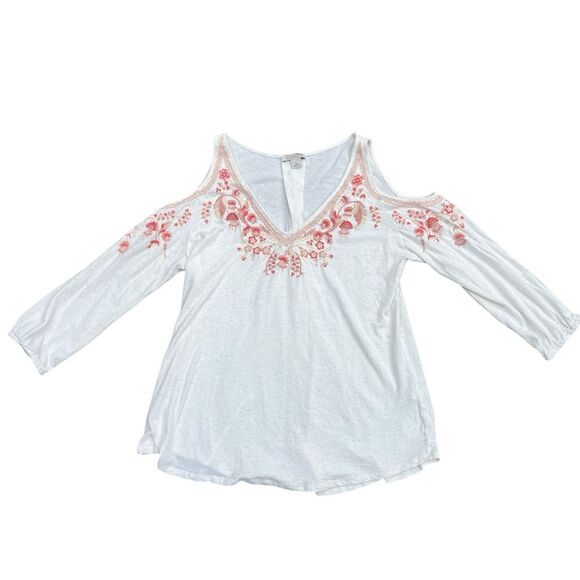 LUCKY BRAND Cream Cold Shoulder Floral Embroidered Blouse Size XL - Picture 1 of 9